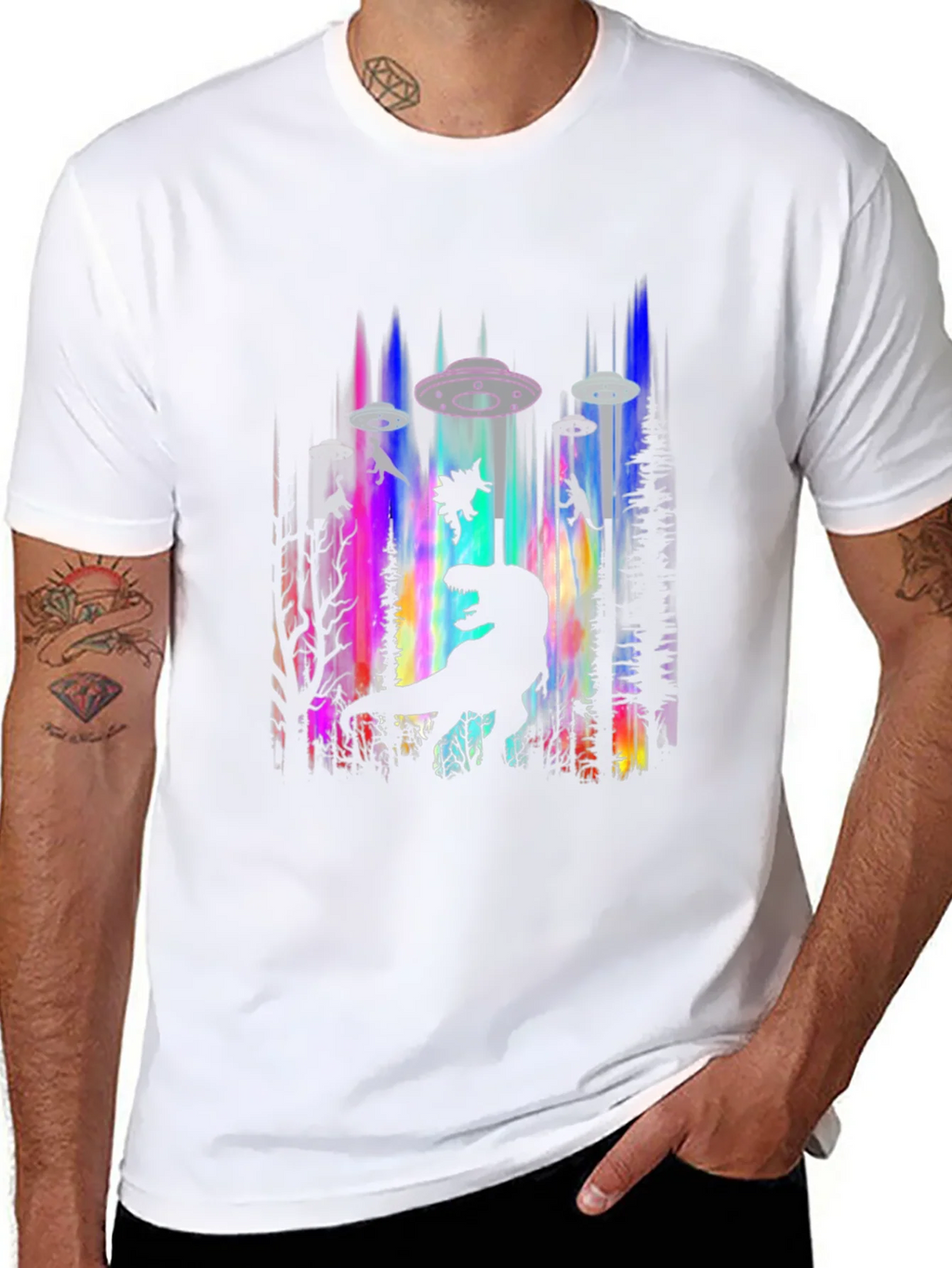Dinosaur Alien Abduction Graphic Tee