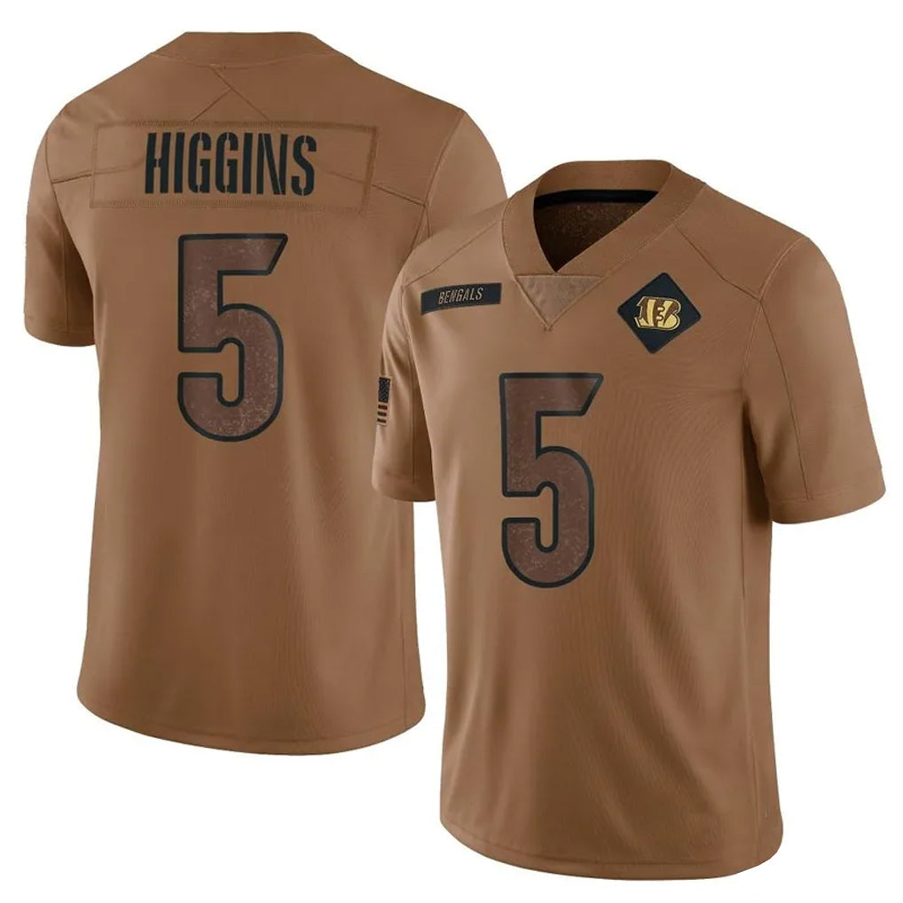 C.Bengals #5 Tee Higgins Player Brown Salute To Service Limited Football Jerseys