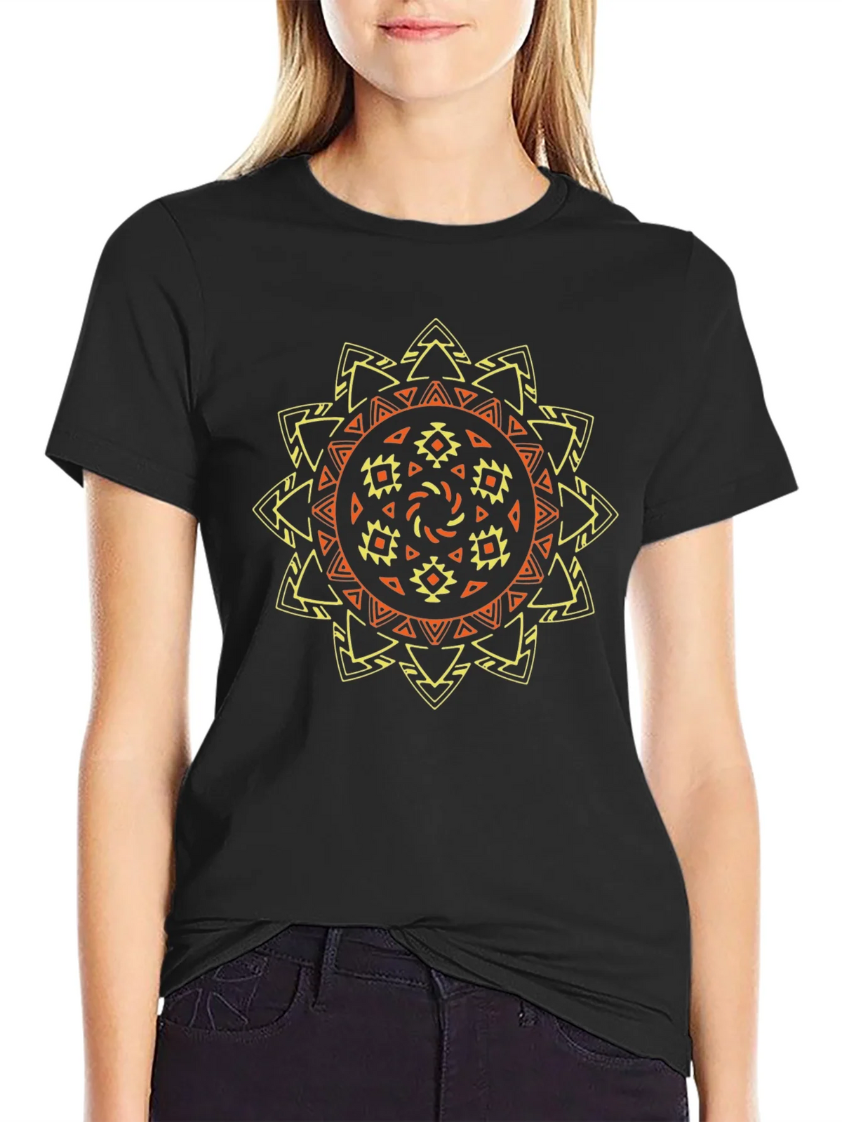 Tribal Sun Graphic Tee - Stylish Black T-Shirt