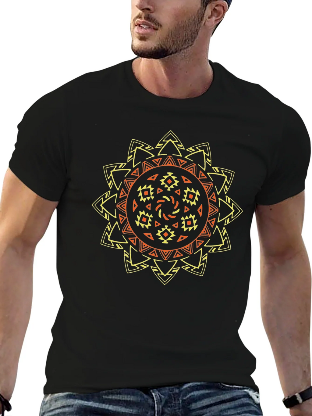 Tribal Sun Graphic Tee - Stylish Black T-Shirt