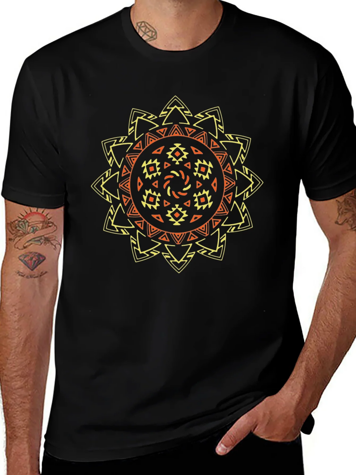 Tribal Sun Graphic Tee - Stylish Black T-Shirt