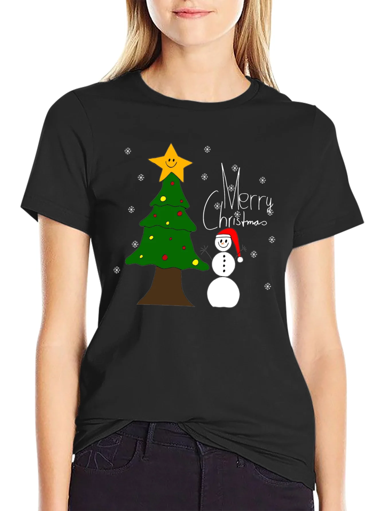 Festive Christmas T-Shirt with Tree and Snowman
