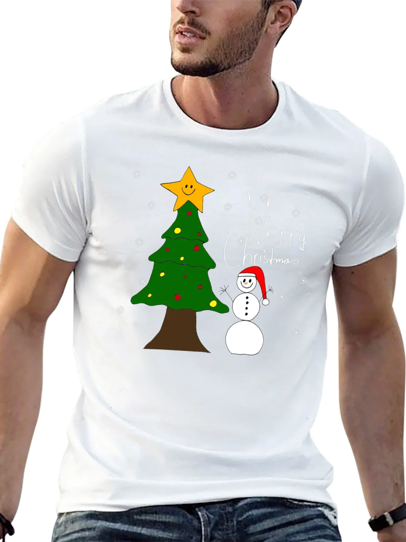Festive Christmas T-Shirt with Tree and Snowman
