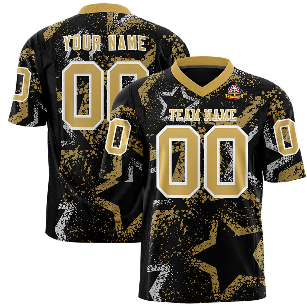 Custom Black Old Gold-White Personalized Star Graffiti Pattern Authentic Football Jersey