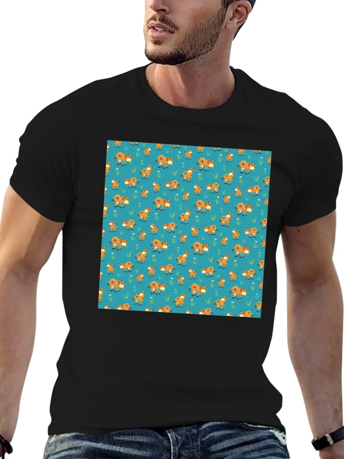 Fox Pattern Black Casual T-Shirt
