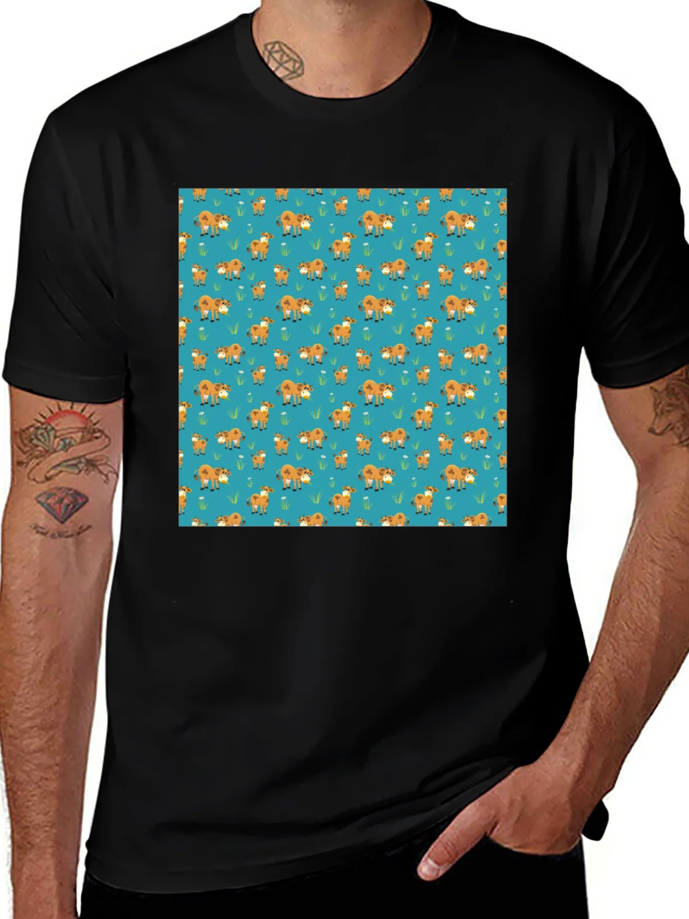 Fox Pattern Black Casual T-Shirt
