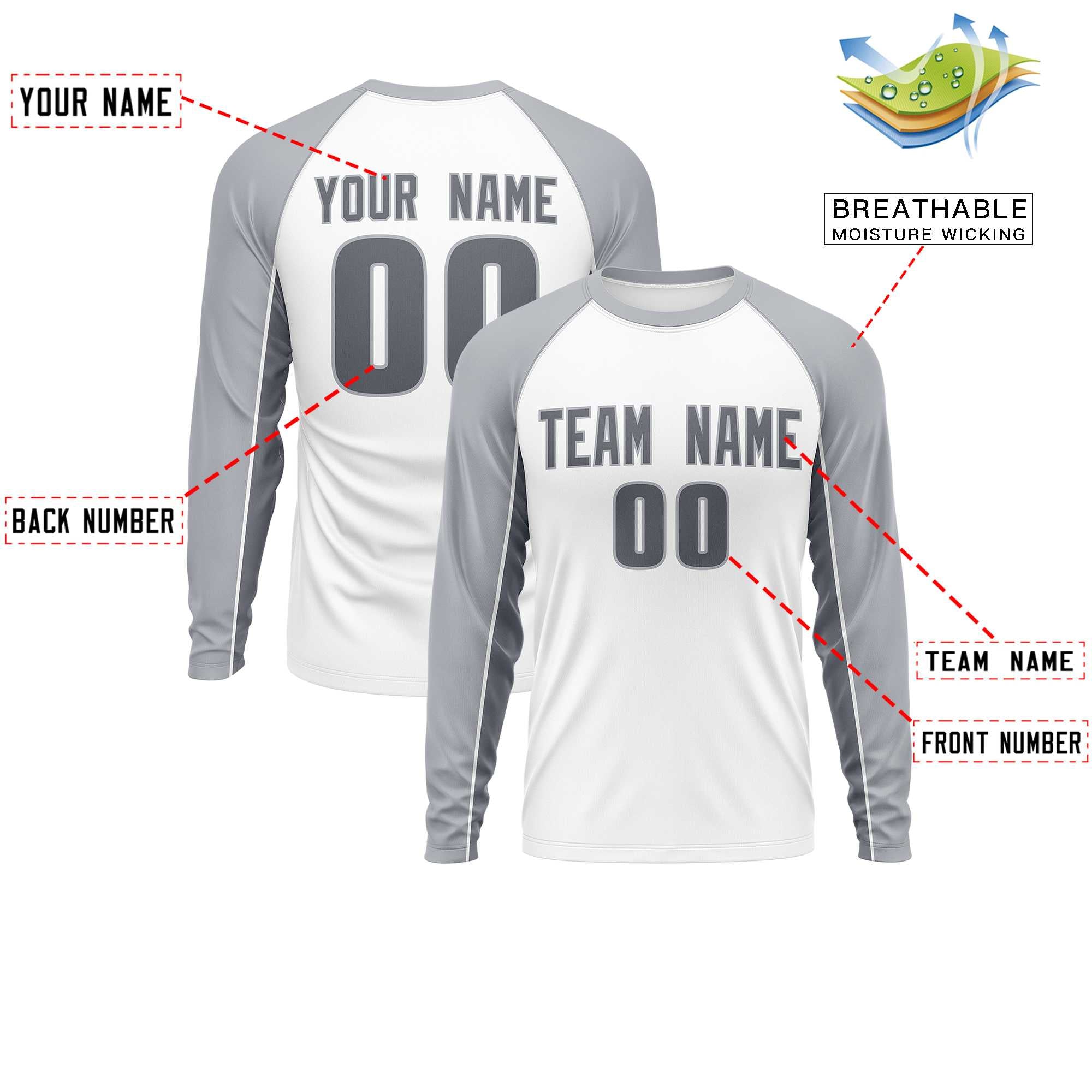 Custom White Gray Crew Neck Raglan Long Sleeve Performance T-Shirt