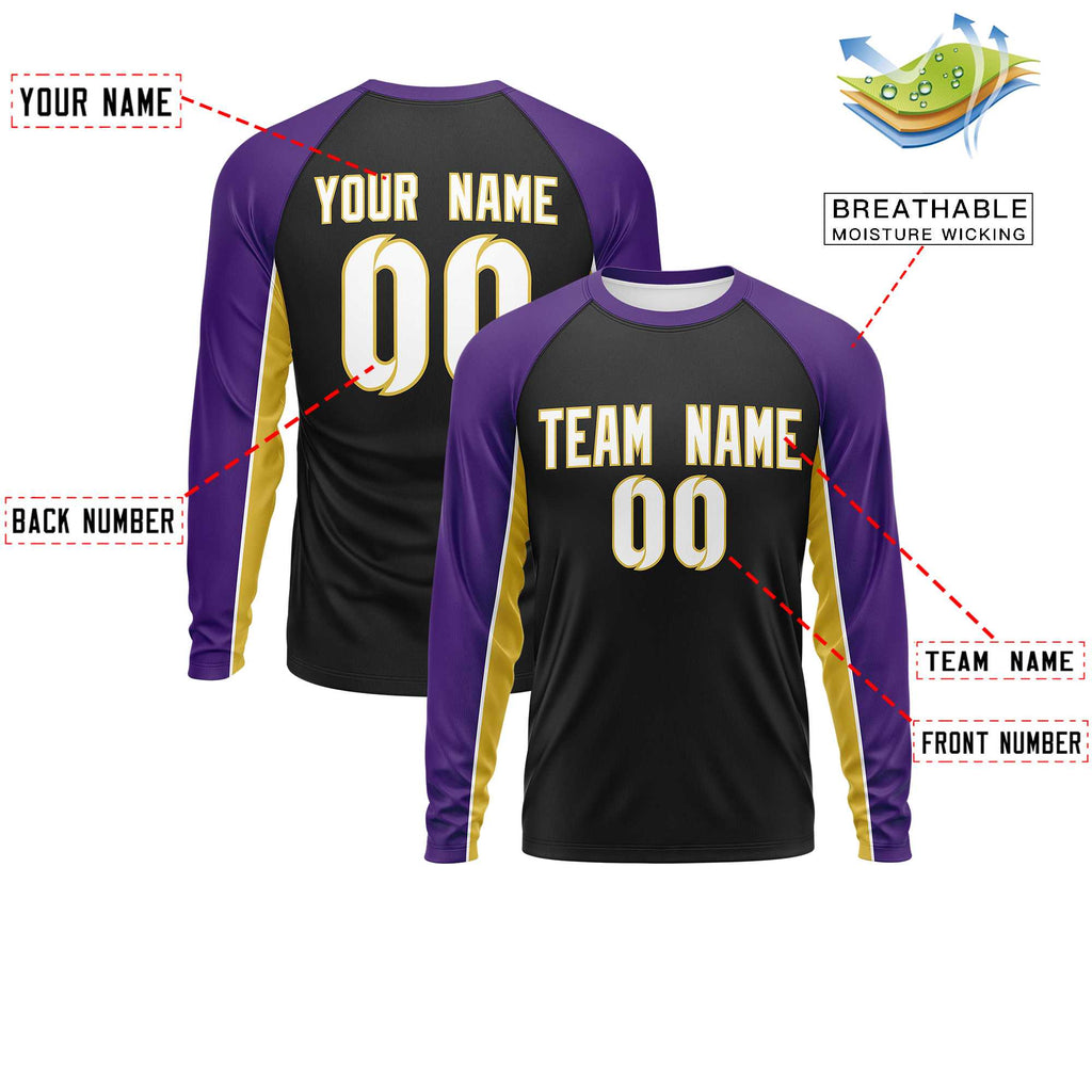 Custom Black Purple Crew Neck Raglan Long Sleeve Performance T-Shirt