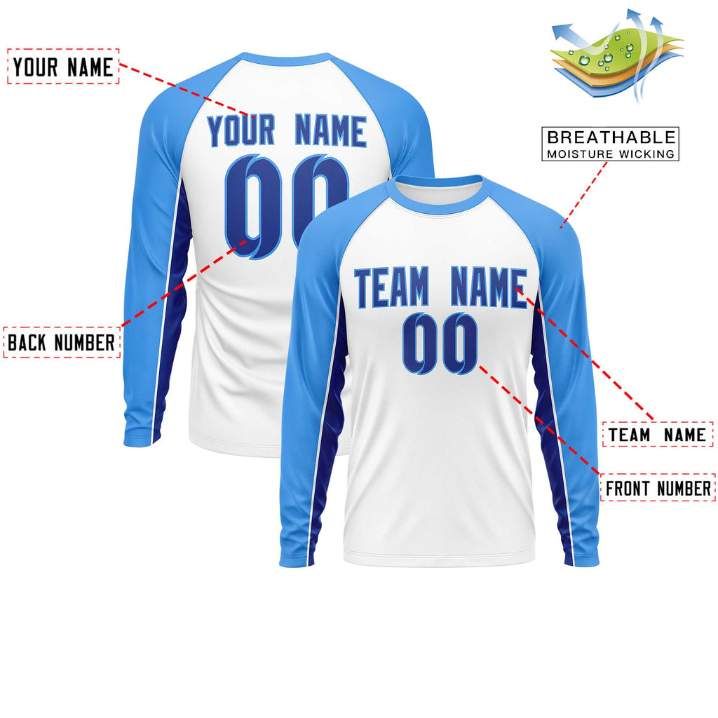Custom White Powder Blue Crew Neck Raglan Long Sleeve Performance T-Shirt