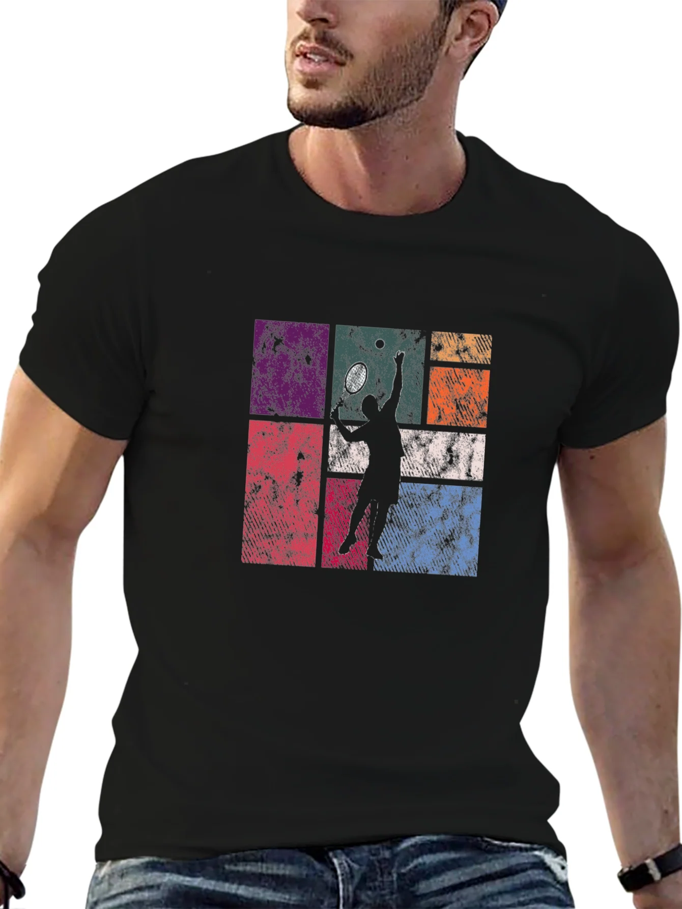 Retro Tennis Player Graphic T-Shirt - Black