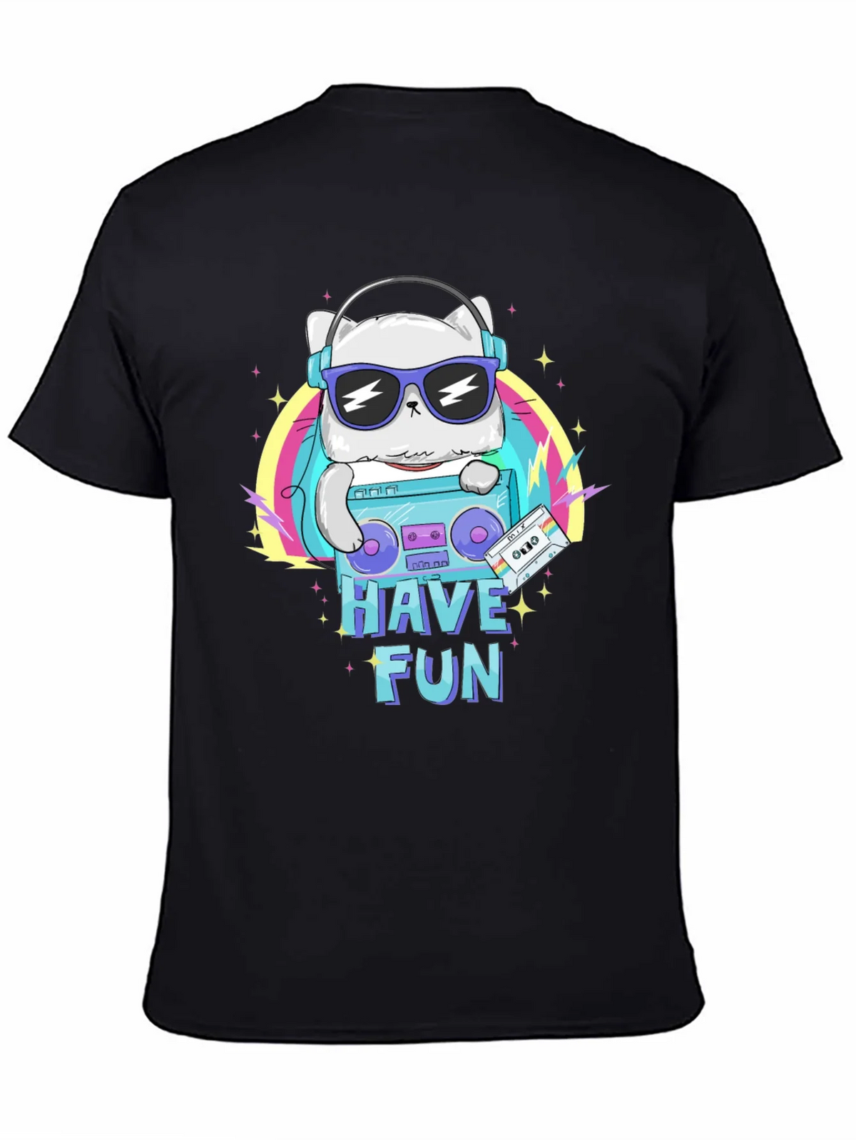 Cool Cat Boombox Graphic T-Shirt - Black Cotton Tee