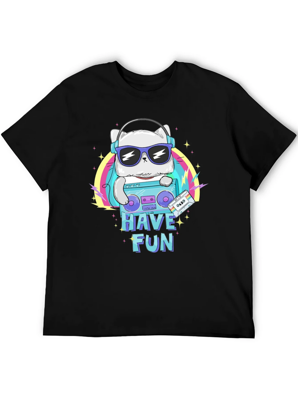 Cool Cat Boombox Graphic T-Shirt - Black Cotton Tee
