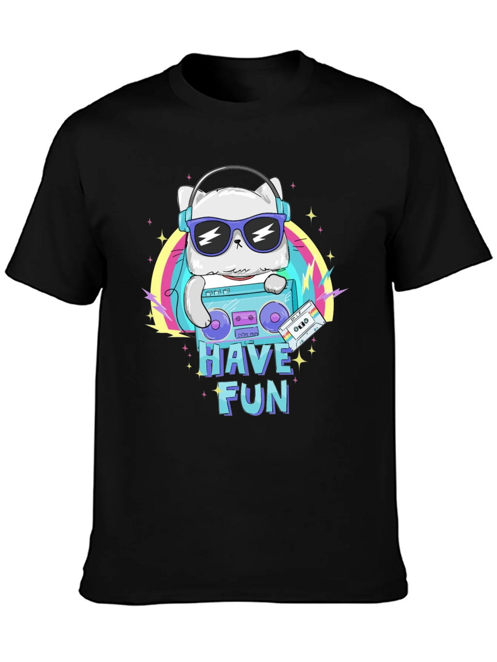 Cool Cat Boombox Graphic T-Shirt - Black Cotton Tee