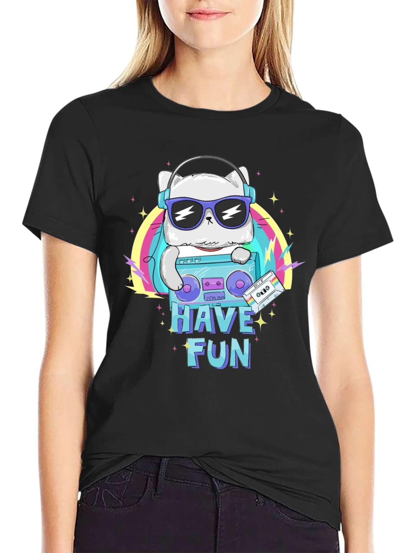 Cool Cat Boombox Graphic T-Shirt - Black Cotton Tee