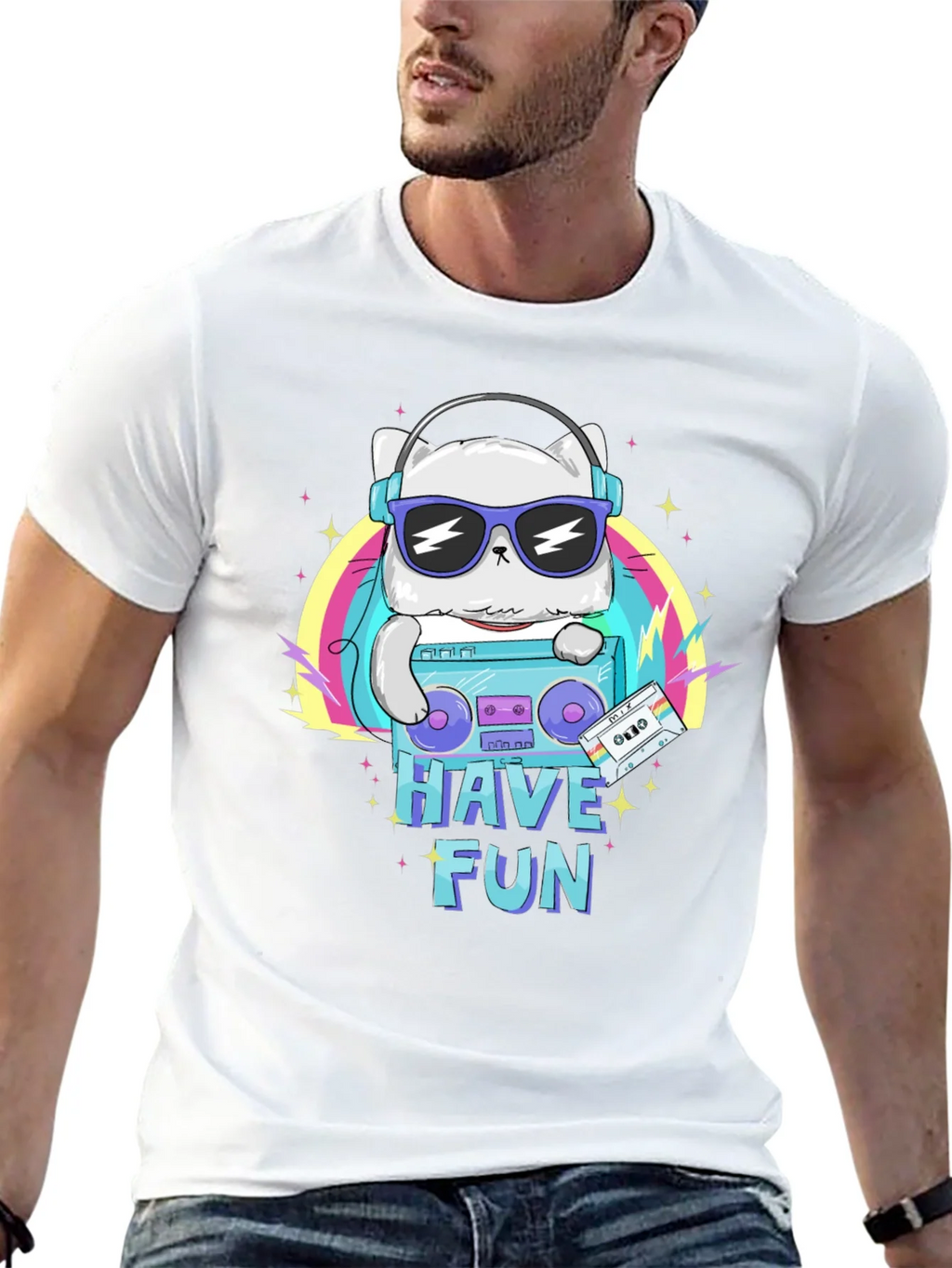 Cool Cat Boombox Graphic T-Shirt - Black Cotton Tee