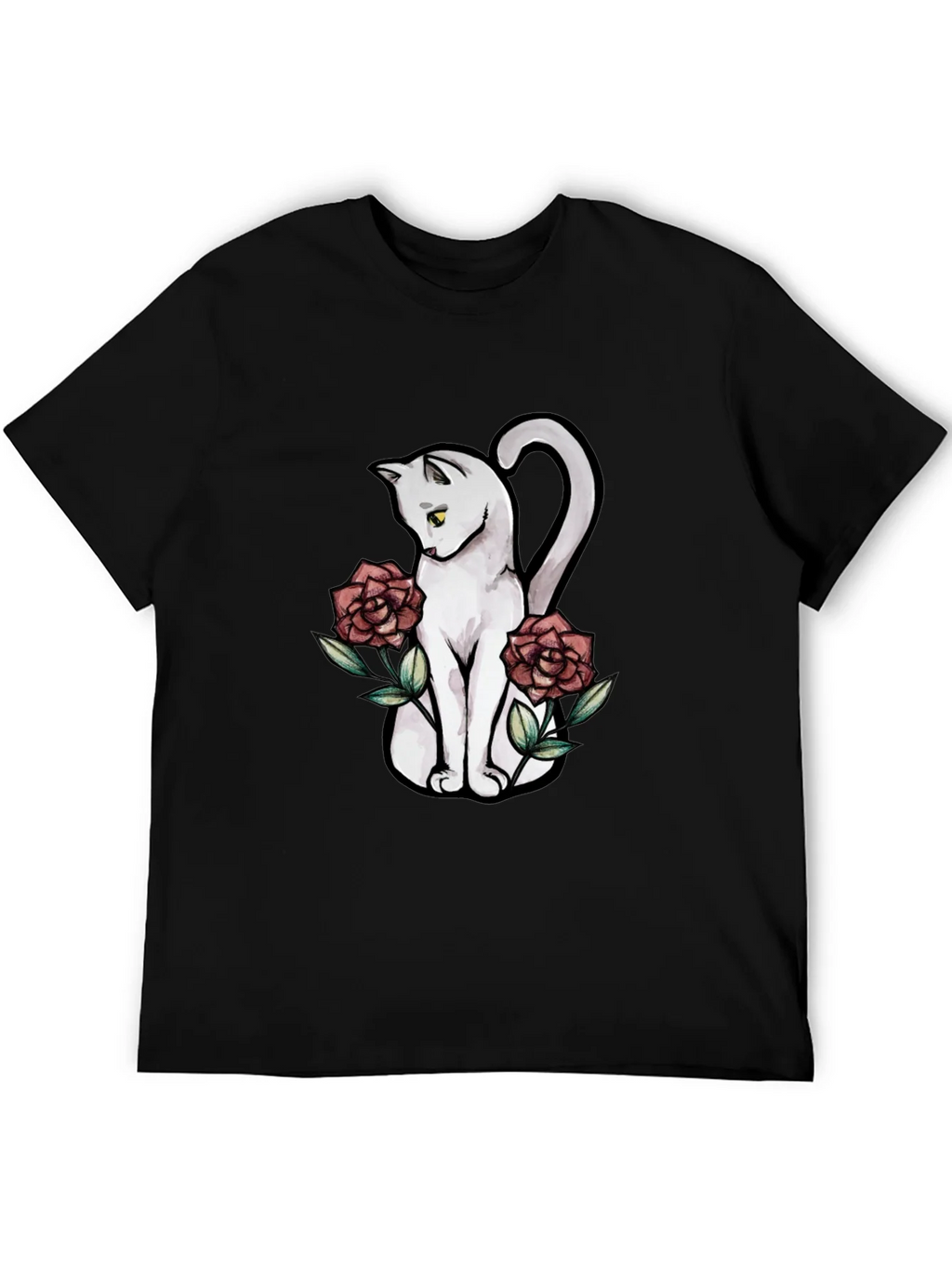 Cat & Roses Graphic T-Shirt - Stylish Black Tee