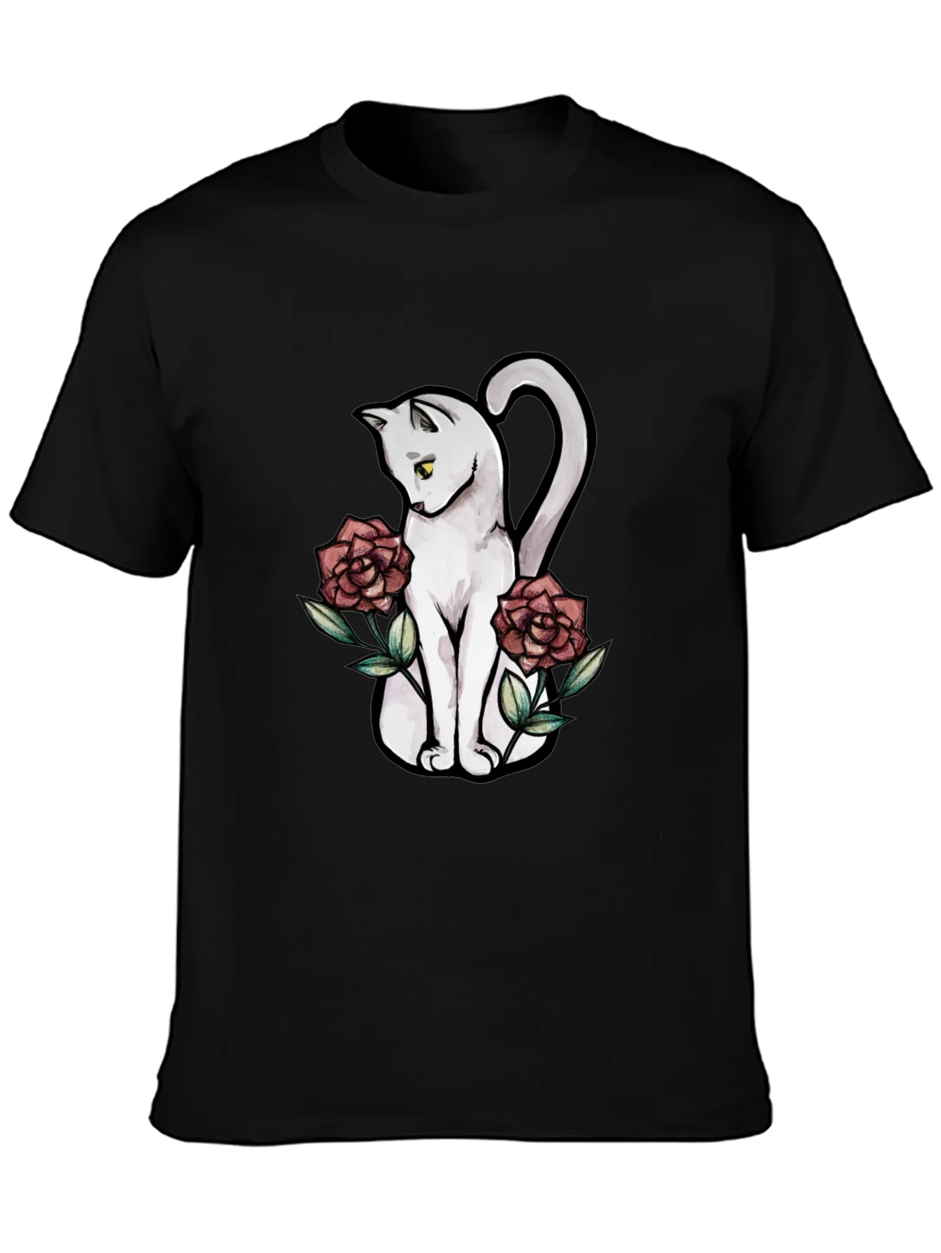 Cat & Roses Graphic T-Shirt - Stylish Black Tee