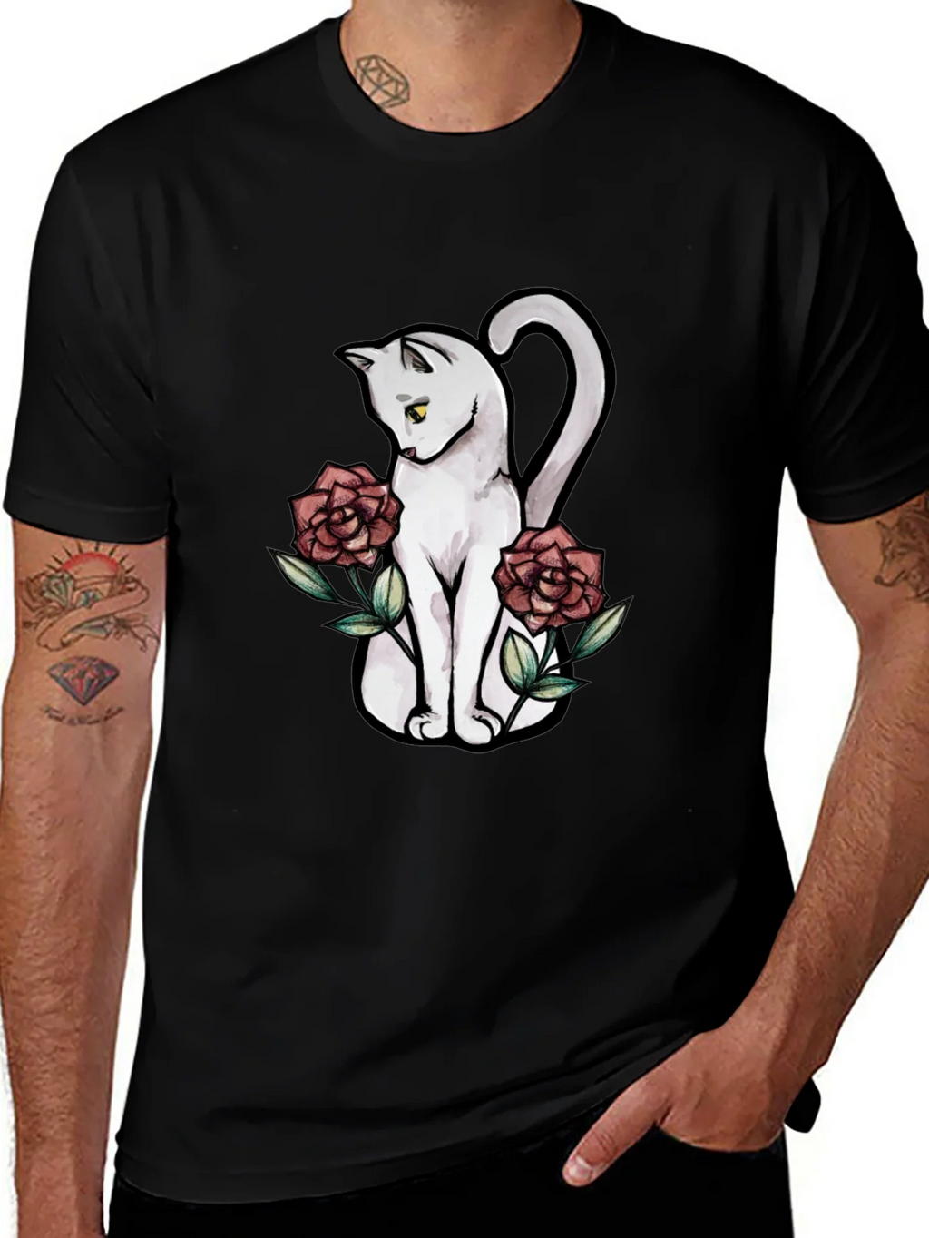 Cat & Roses Graphic T-Shirt - Stylish Black Tee