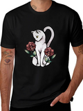Cat & Roses Graphic T-Shirt - Stylish Black Tee