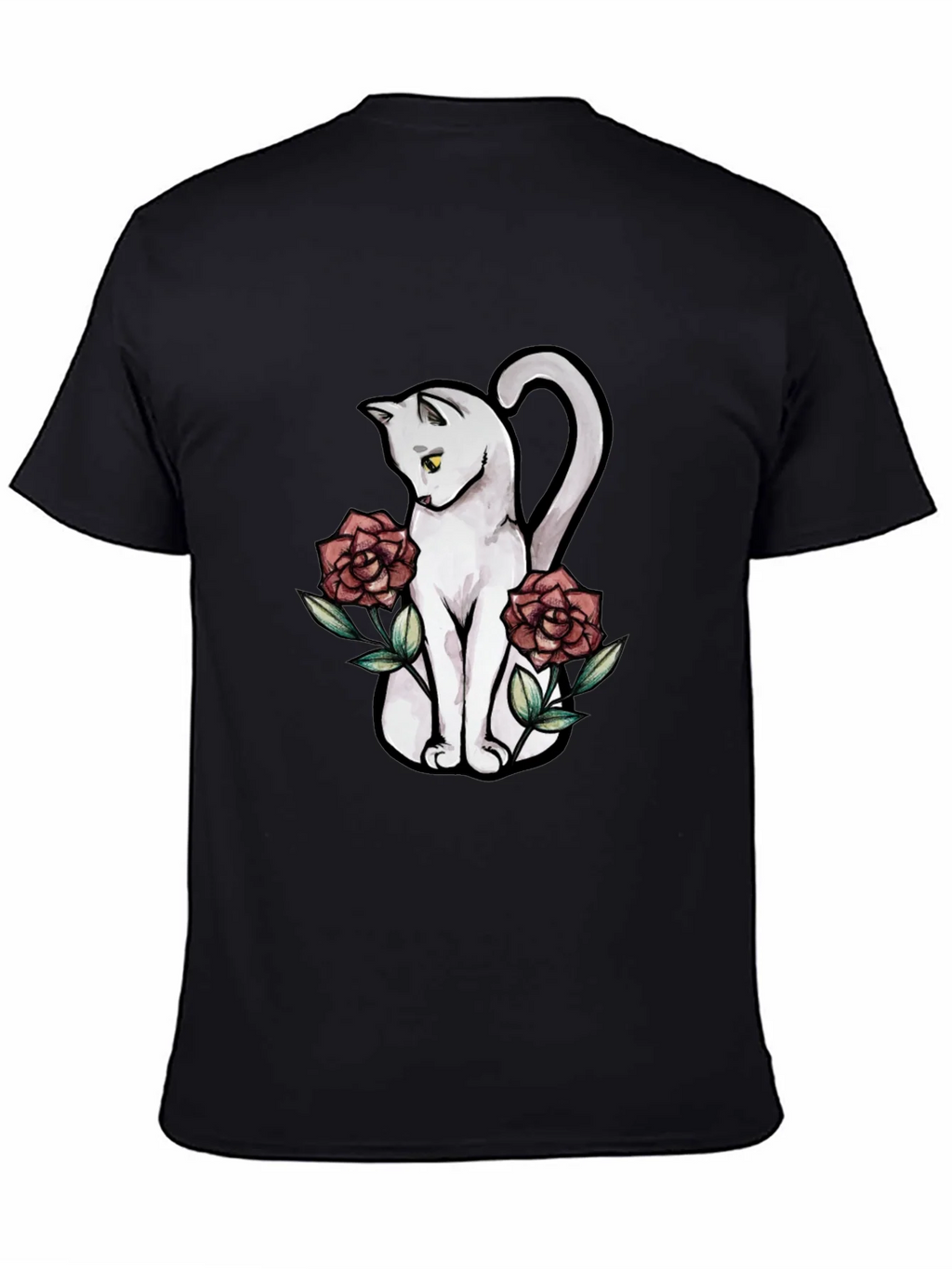 Cat & Roses Graphic T-Shirt - Stylish Black Tee