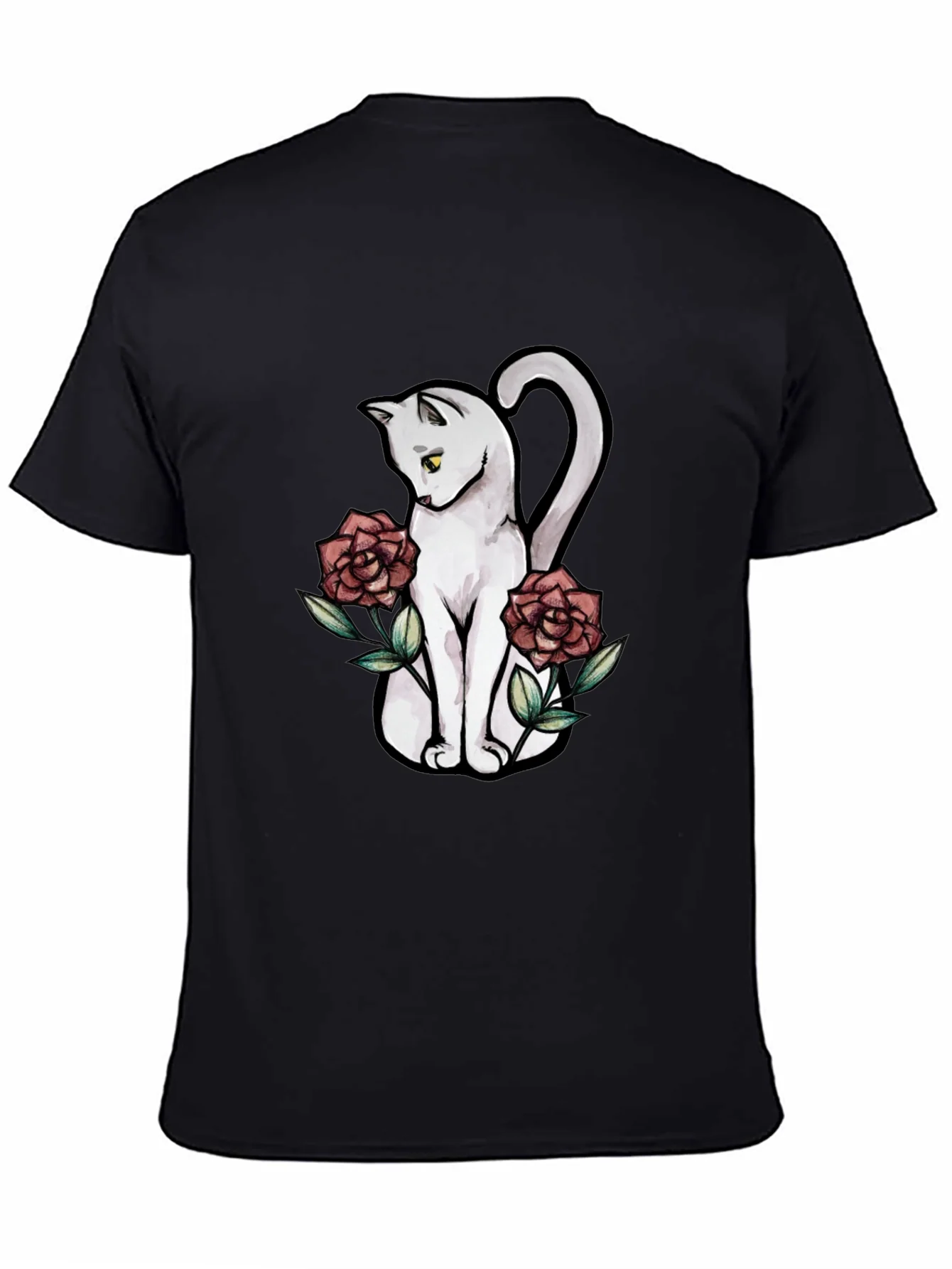 Cat & Roses Graphic T-Shirt - Stylish Black Tee