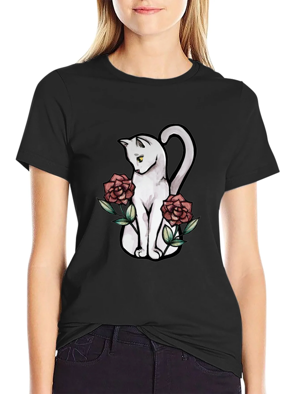 Cat & Roses Graphic T-Shirt - Stylish Black Tee