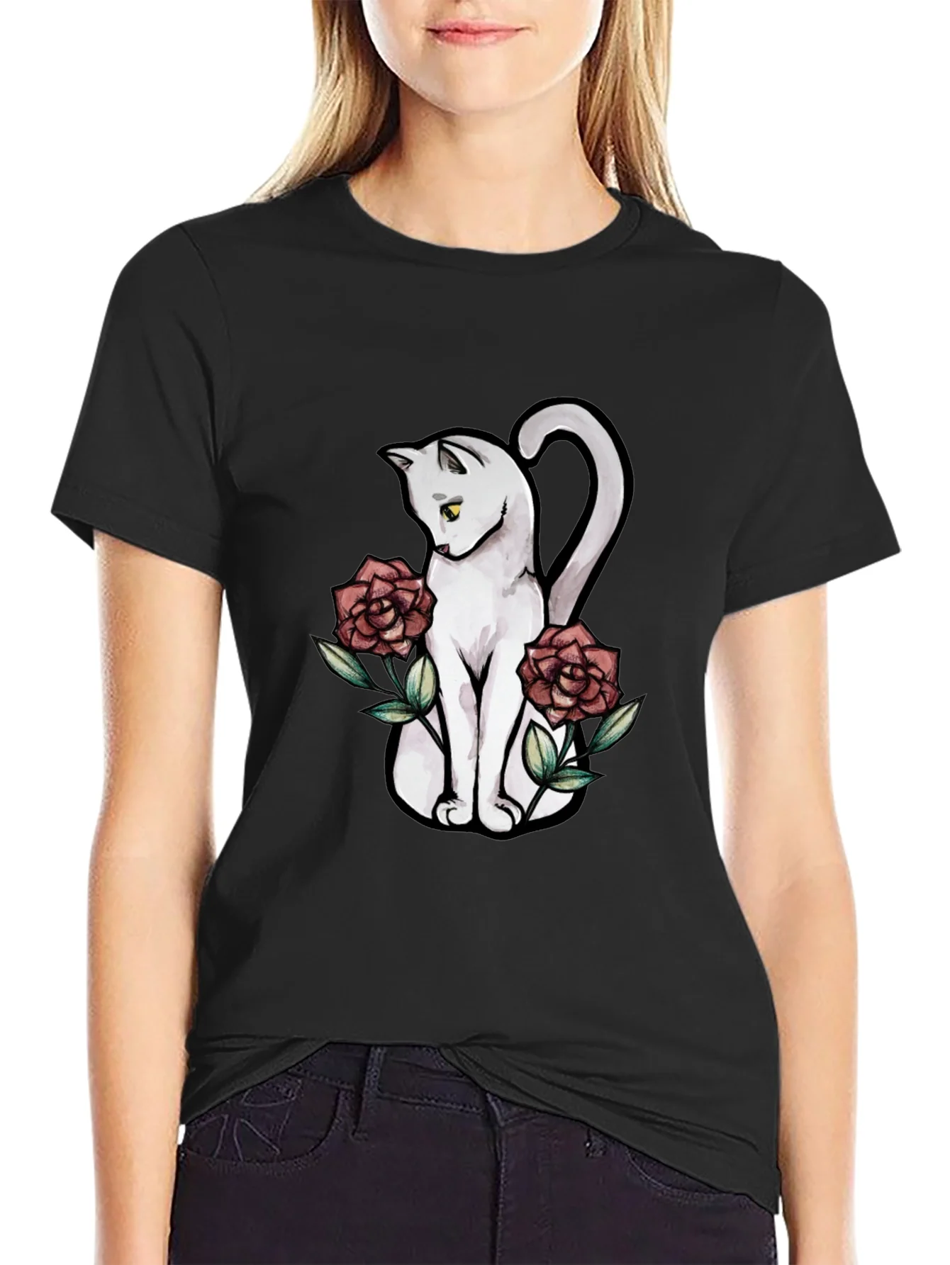 Cat & Roses Graphic T-Shirt - Stylish Black Tee