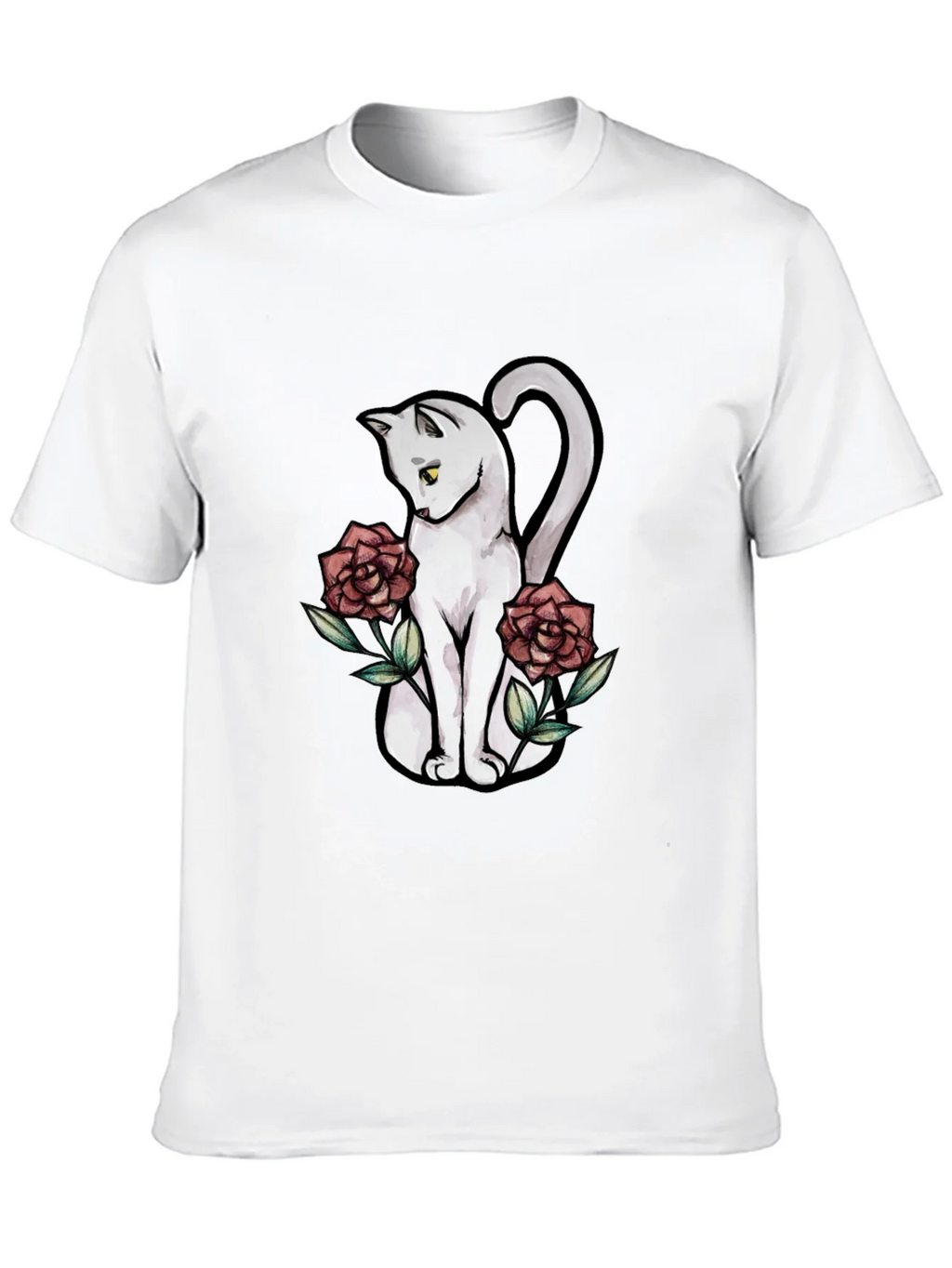 Cat & Roses Graphic T-Shirt - Stylish Black Tee