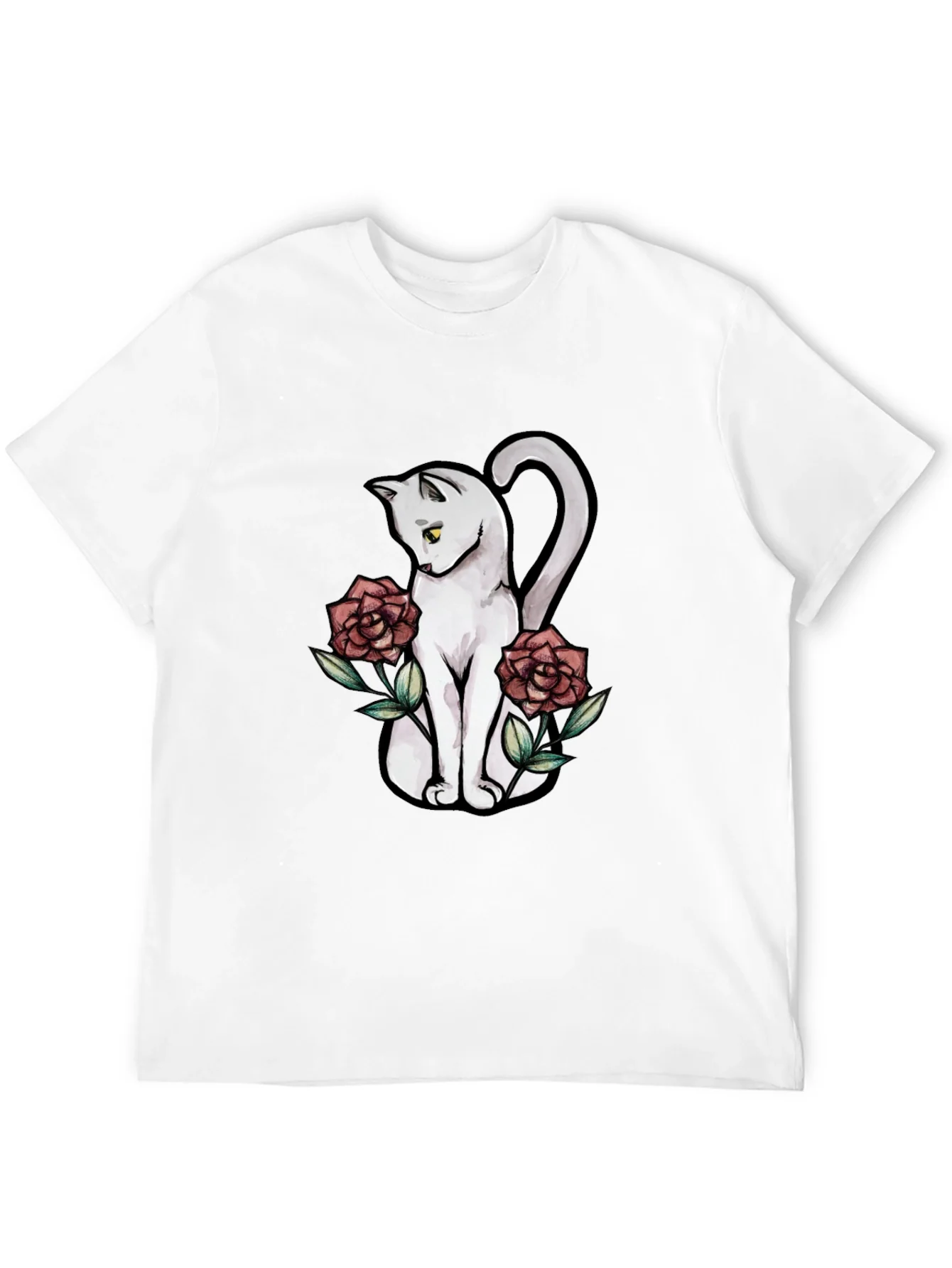 Cat & Roses Graphic T-Shirt - Stylish Black Tee