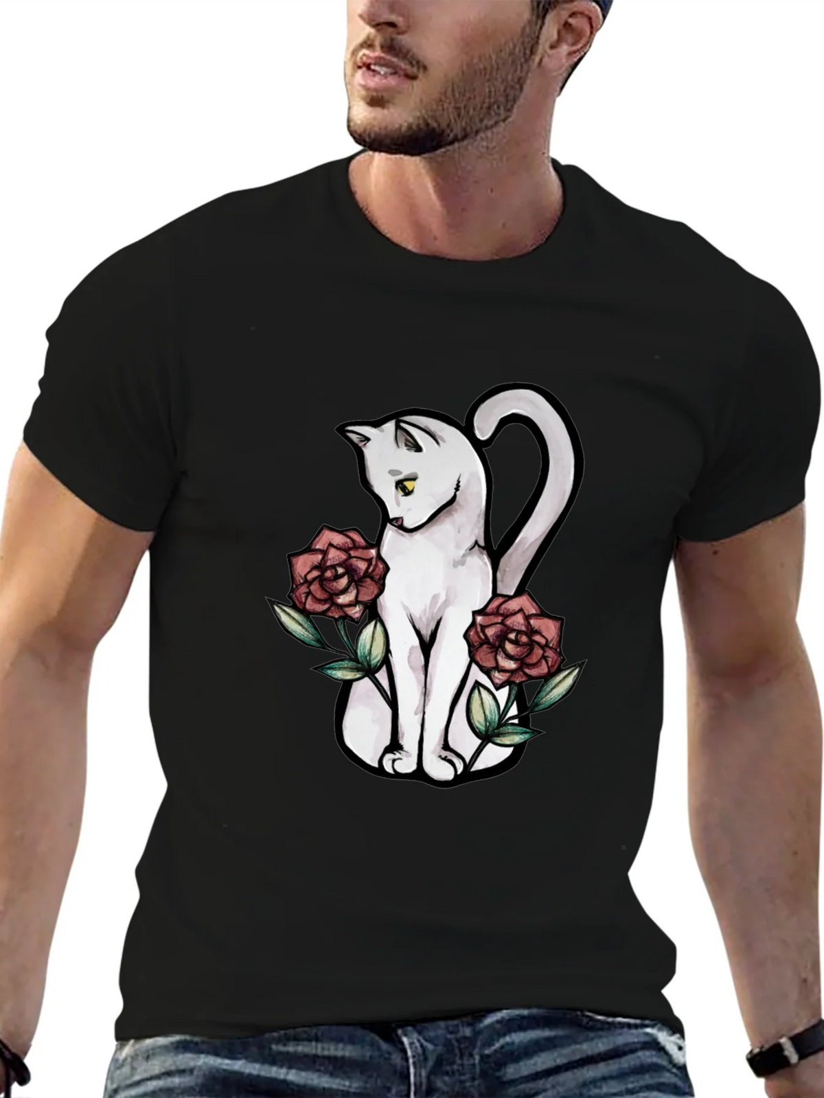 Cat & Roses Graphic T-Shirt - Stylish Black Tee