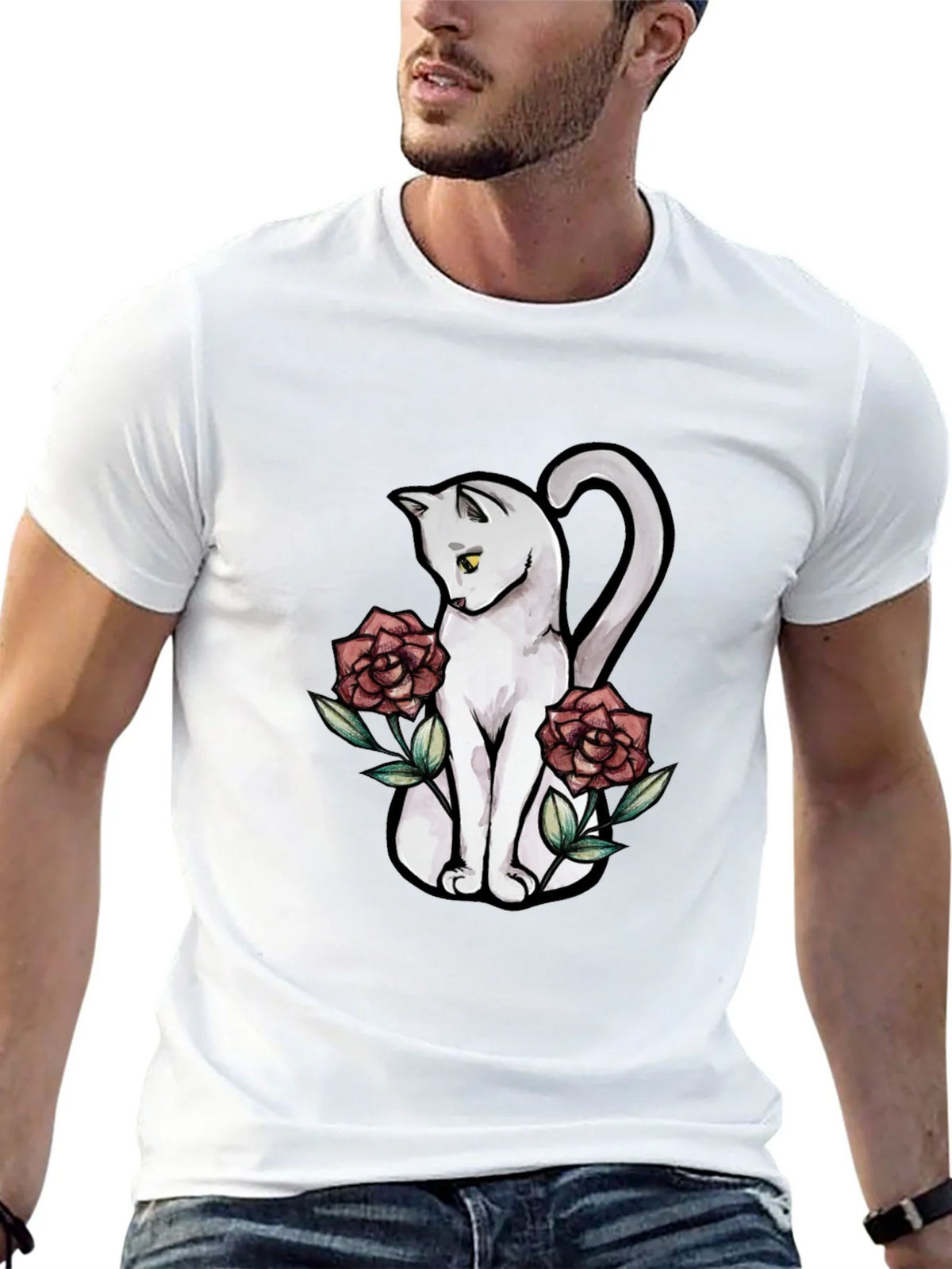 Cat & Roses Graphic T-Shirt - Stylish Black Tee