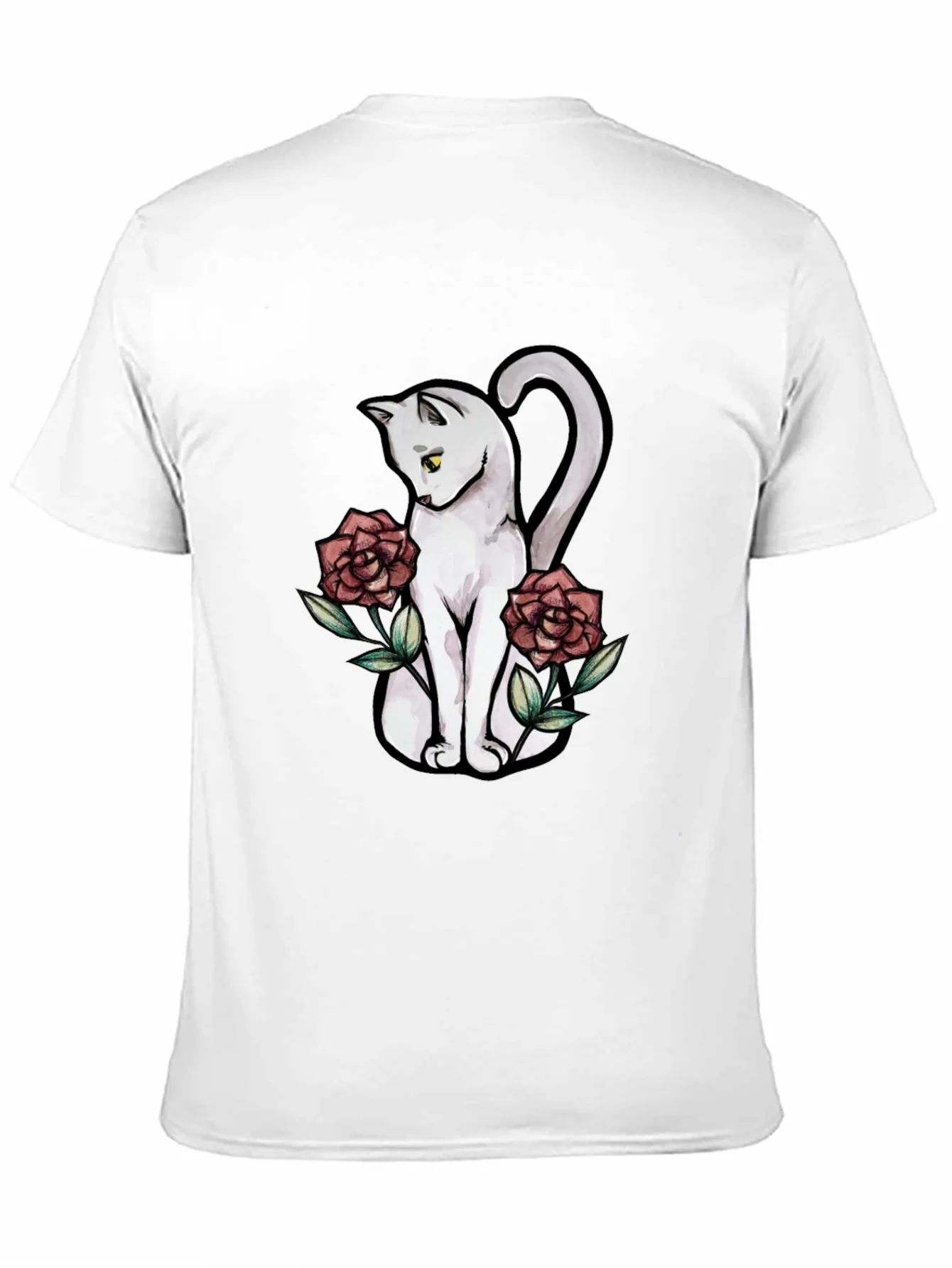Cat & Roses Graphic T-Shirt - Stylish Black Tee