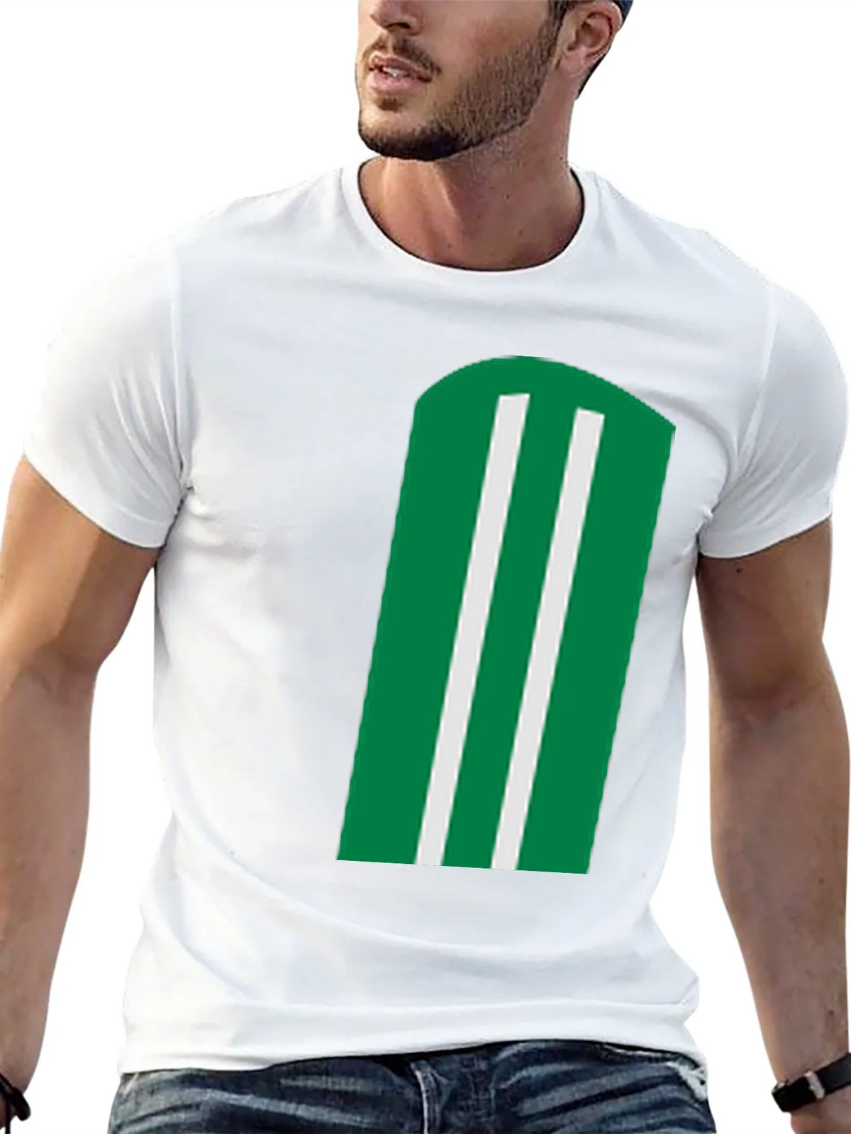 Green & White Striped Graphic Black T-Shirt