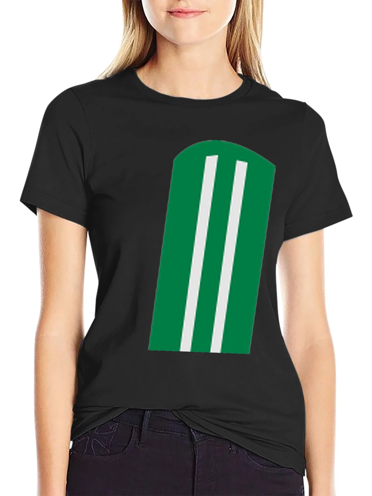 Green & White Striped Graphic Black T-Shirt
