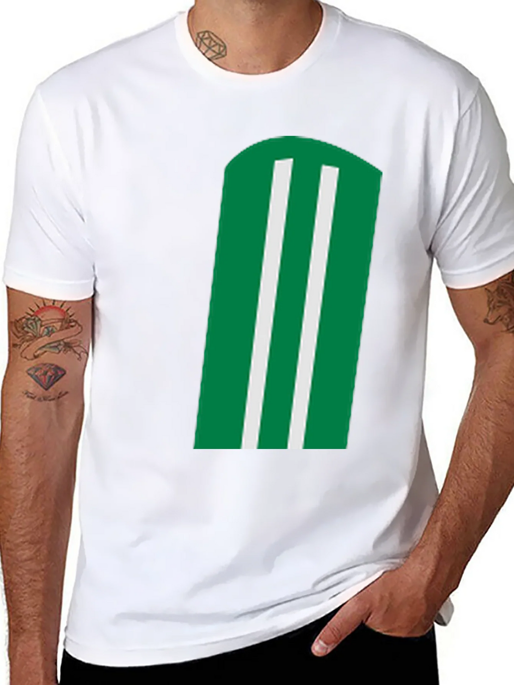 Green & White Striped Graphic Black T-Shirt