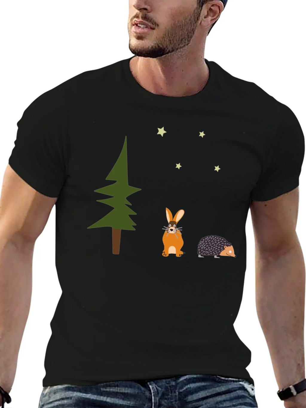 Whimsical Forest Tee: Rabbit Hedgehog and Stars