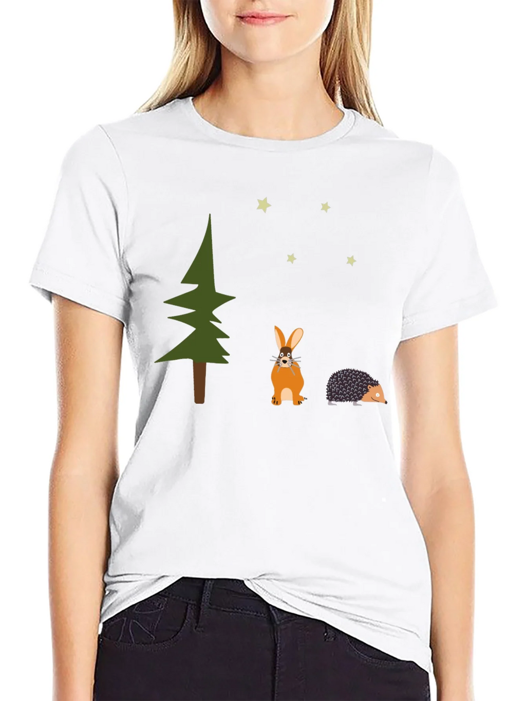 Whimsical Forest Tee: Rabbit Hedgehog and Stars