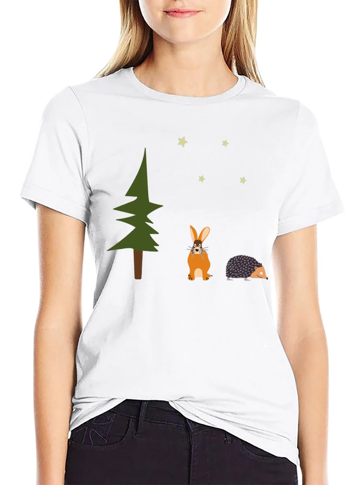 Whimsical Forest Tee: Rabbit Hedgehog and Stars