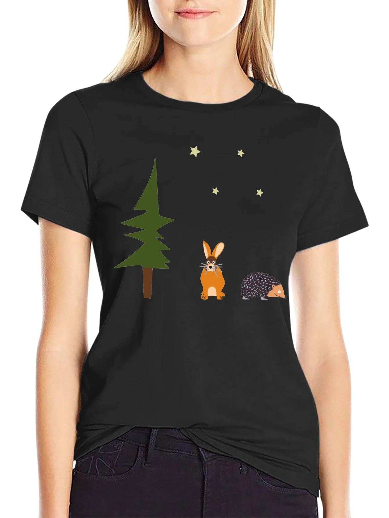 Whimsical Forest Tee: Rabbit Hedgehog and Stars