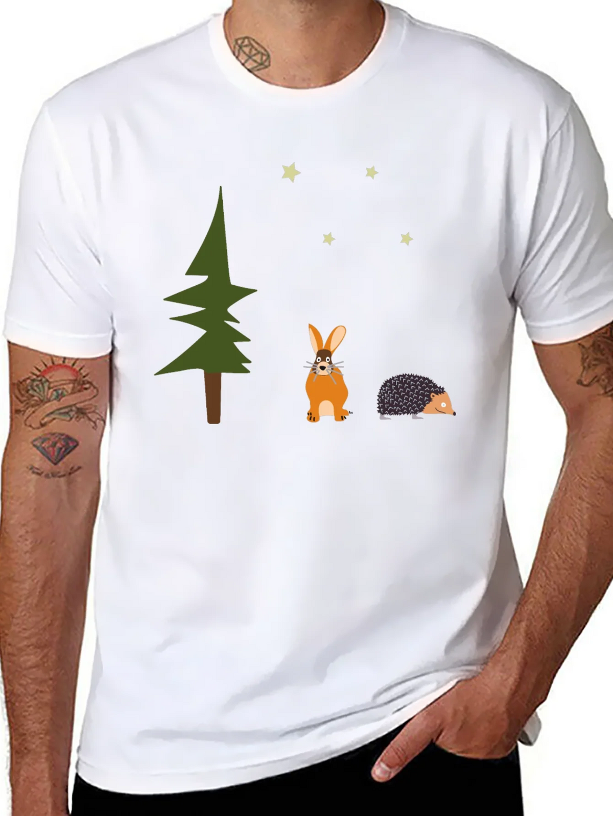 Whimsical Forest Tee: Rabbit Hedgehog and Stars