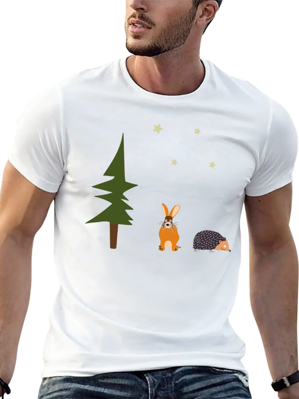 Whimsical Forest Tee: Rabbit Hedgehog and Stars