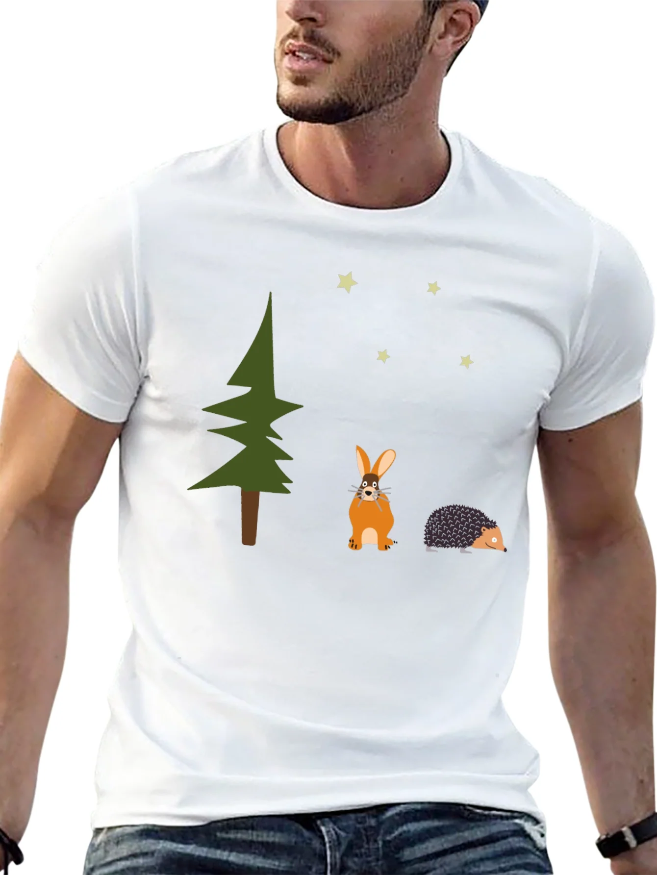 Whimsical Forest Tee: Rabbit Hedgehog and Stars