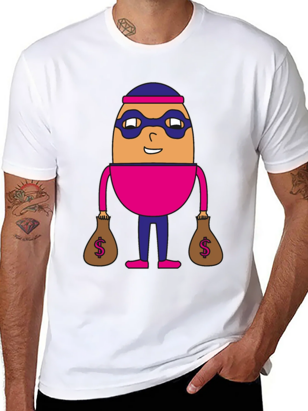 Funny Cartoon Burglar Black T-Shirt