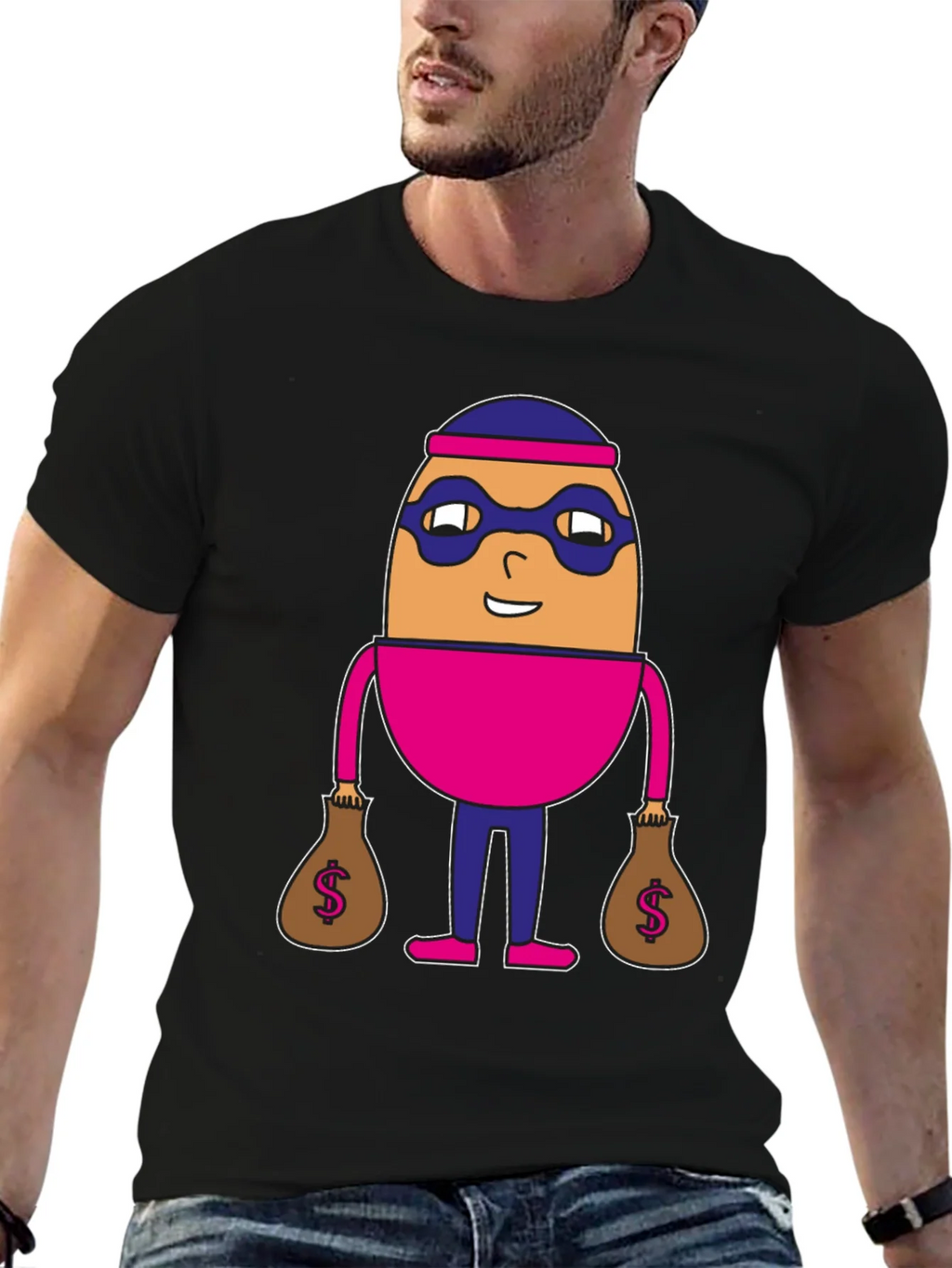 Funny Cartoon Burglar Black T-Shirt