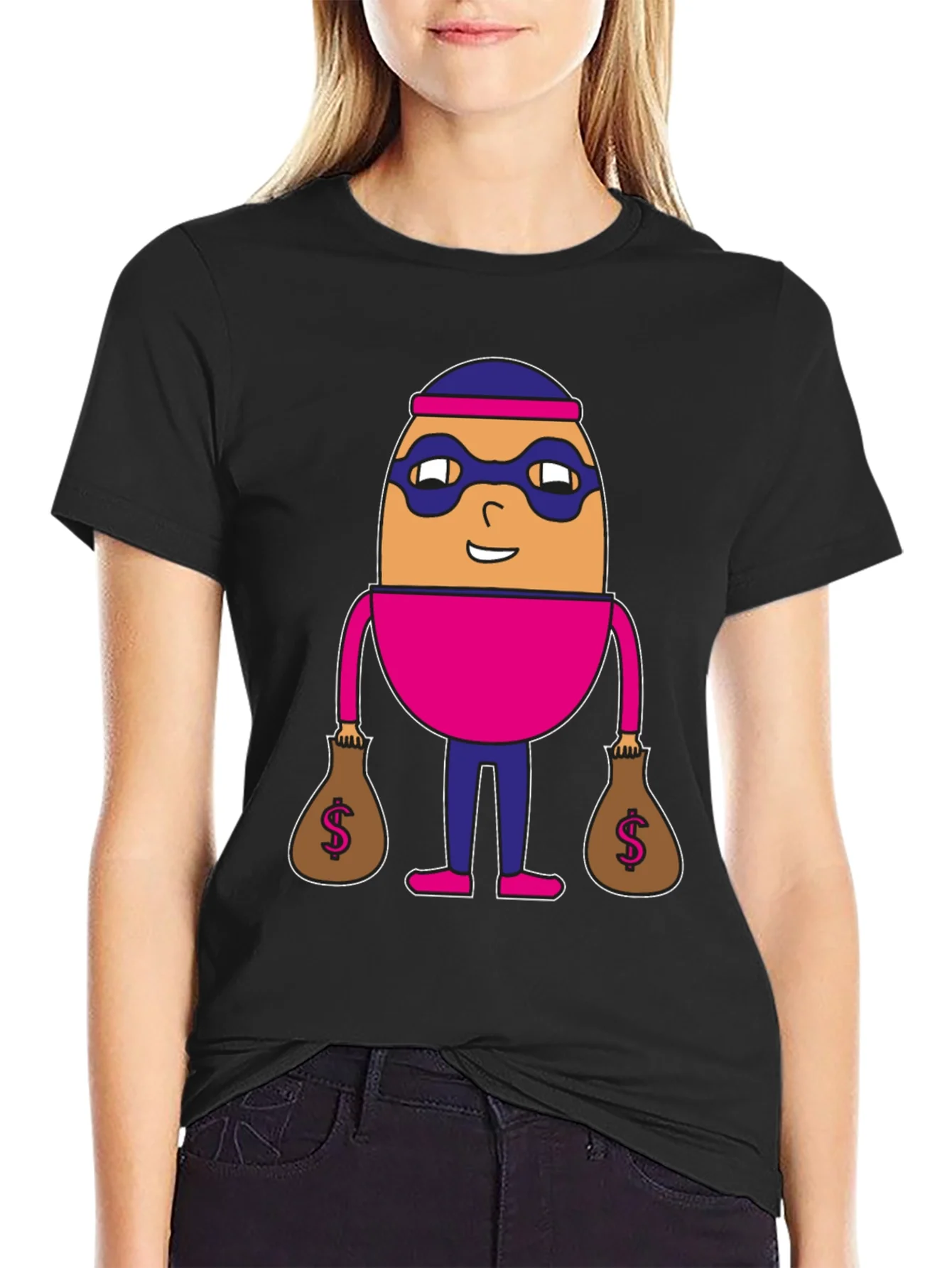 Funny Cartoon Burglar Black T-Shirt