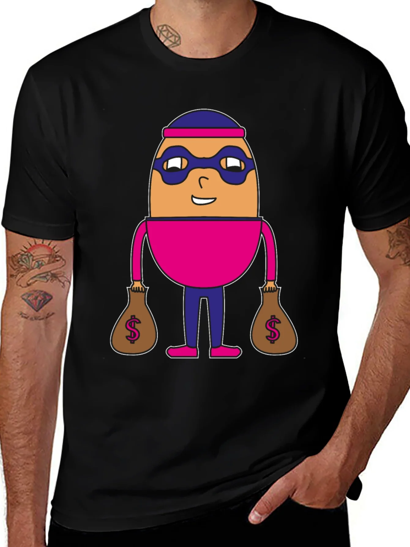 Funny Cartoon Burglar Black T-Shirt
