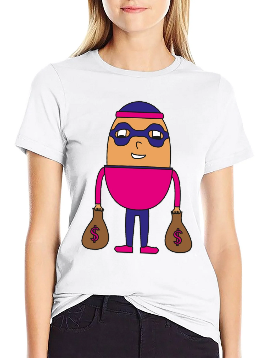 Funny Cartoon Burglar Black T-Shirt